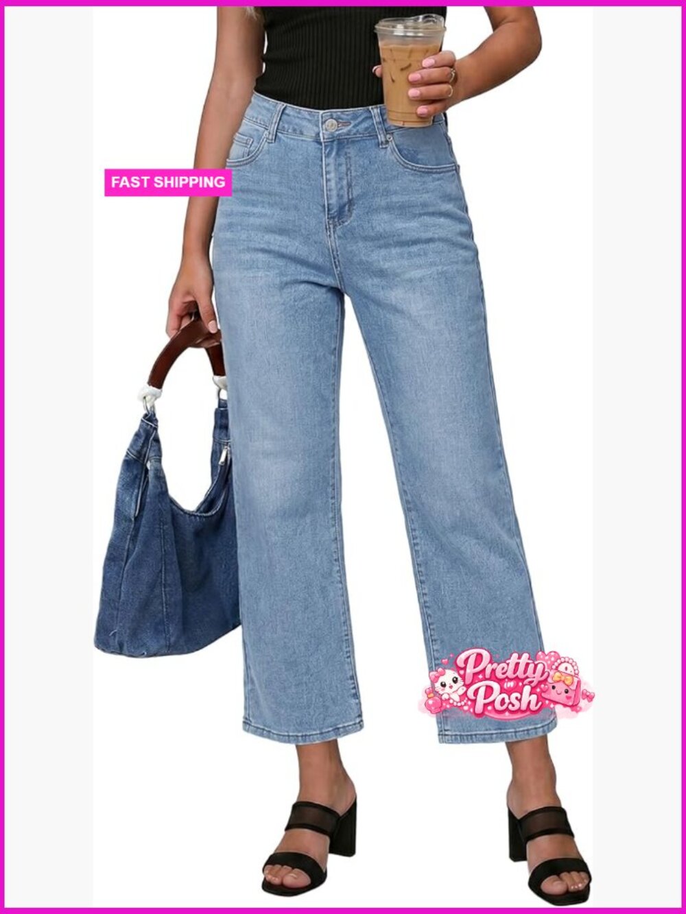 High Waisted Loose Straight Leg Stretchy Denim Ankle Pants with Pockets
